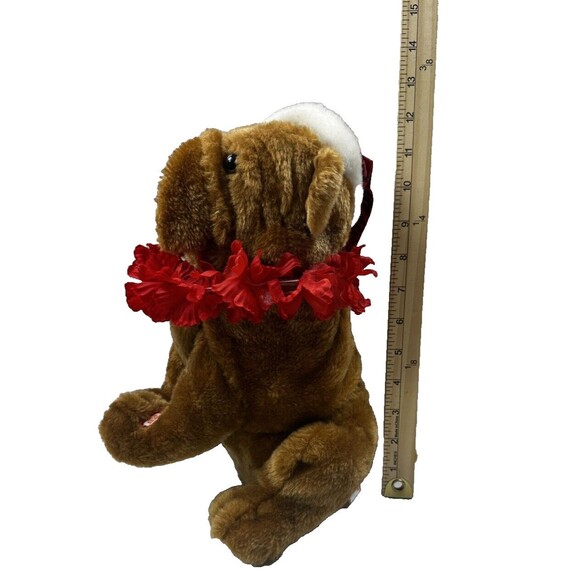 PBC Intl Shar Pei Plush Puppy Dog 12" Red Hawaiian Christmas Hat Tested and work - Picture 3 of 4